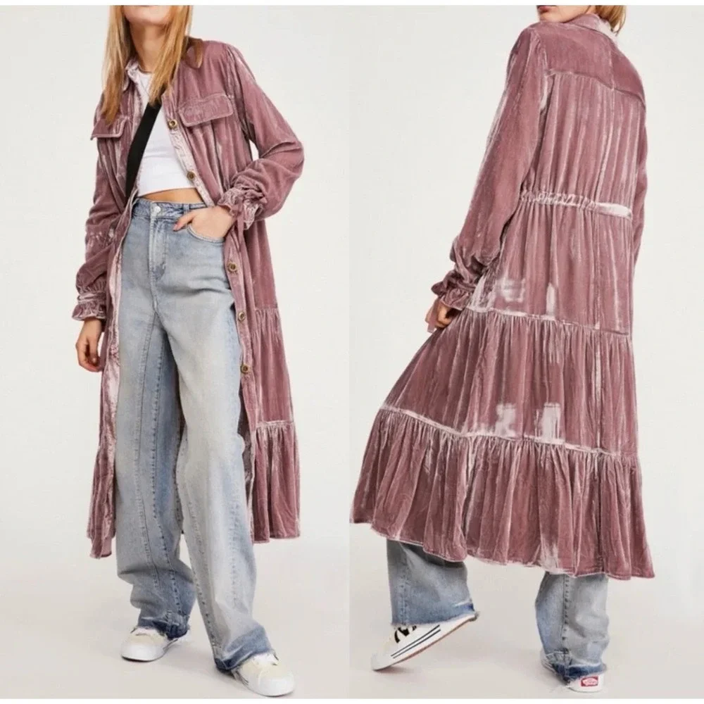 NWT Free People Bella Donna Maxi Duster Coat Mauve Velvet Tiered Pockets Small